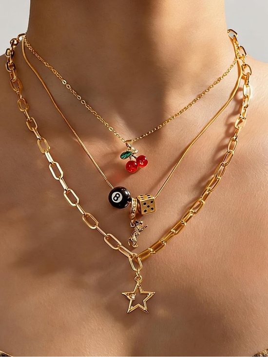 Anthropologie Jewelry - Anthropologie Gold Tone Charm Necklace Set with Red Cherry and Black 8-Ball